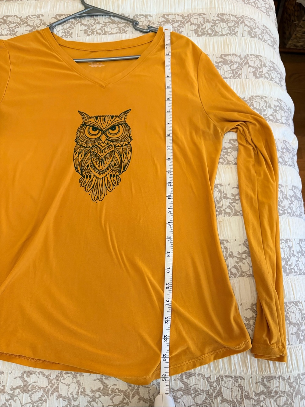Mustard Owl Print V-Neck Long Sleeve Top, size XL - Picture 5 of 5